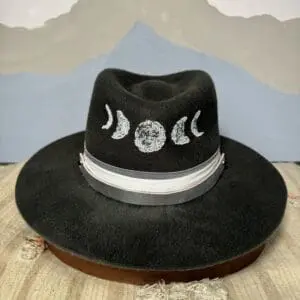 Black Handmade Custom Rabbit Velour Moon Phases Western Hat Front View 01100